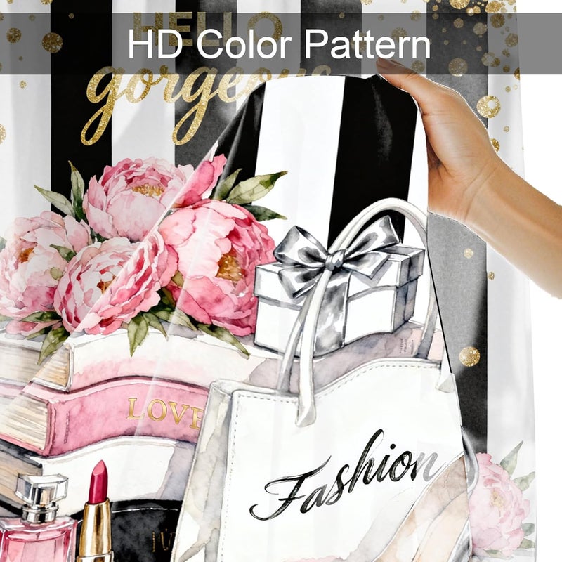 AZHM 4Pcs Pink Floral Perfume Shower Curtain Set Fashion Girly Hello Gorgeous Shower Curtains for Bathroom Black and White Striped Bathroom Decor Sets and Rugs and 12 Hooks - Image 5